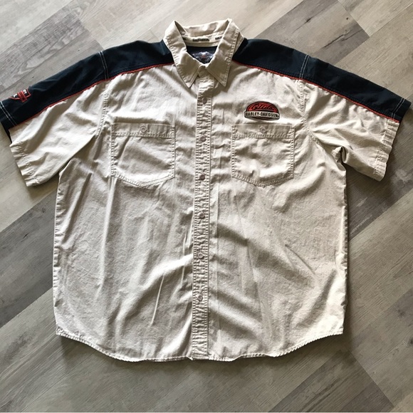 Mens Spellout Harley Davidson Mechanic Short Sleeve Button Up Navy/Tan 2XL - Picture 1 of 9